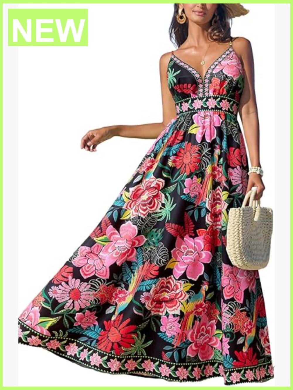 V Neck Sleeveless Floral Beach Vacation Maxi Dress Spaghetti Strap